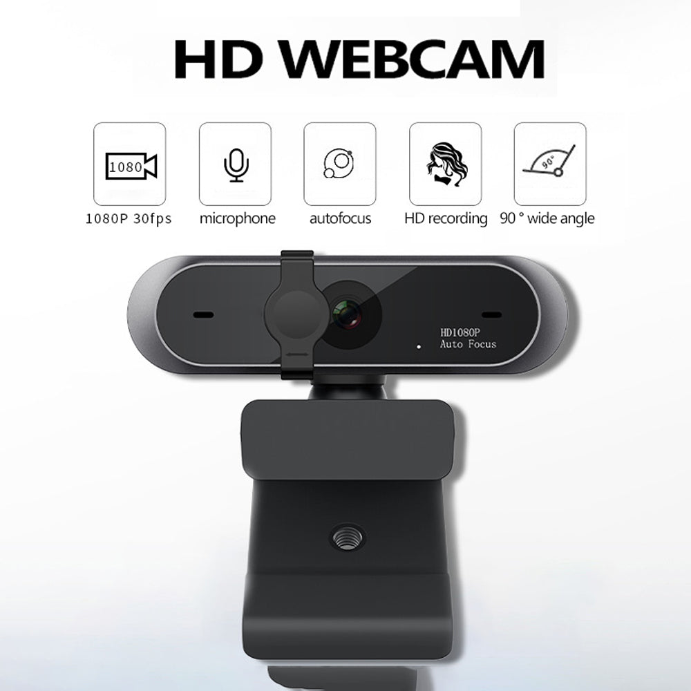 High-resolution 1080P conference video webcam showing a sleek black camera with adjustable lens and built-in microphone.