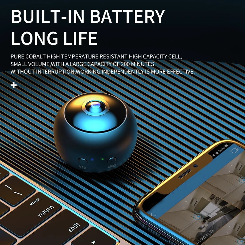 Mini 1080P HD WiFi IP camera with night vision for home security, remote monitoring, and video recording.