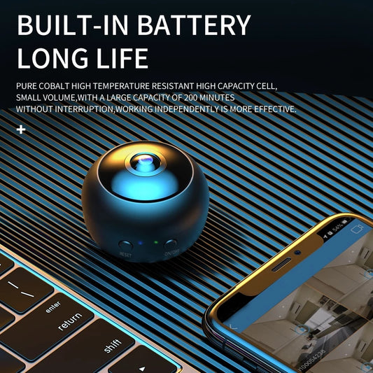 Mini 1080P HD WiFi IP camera with night vision for home security, remote monitoring, and video recording.