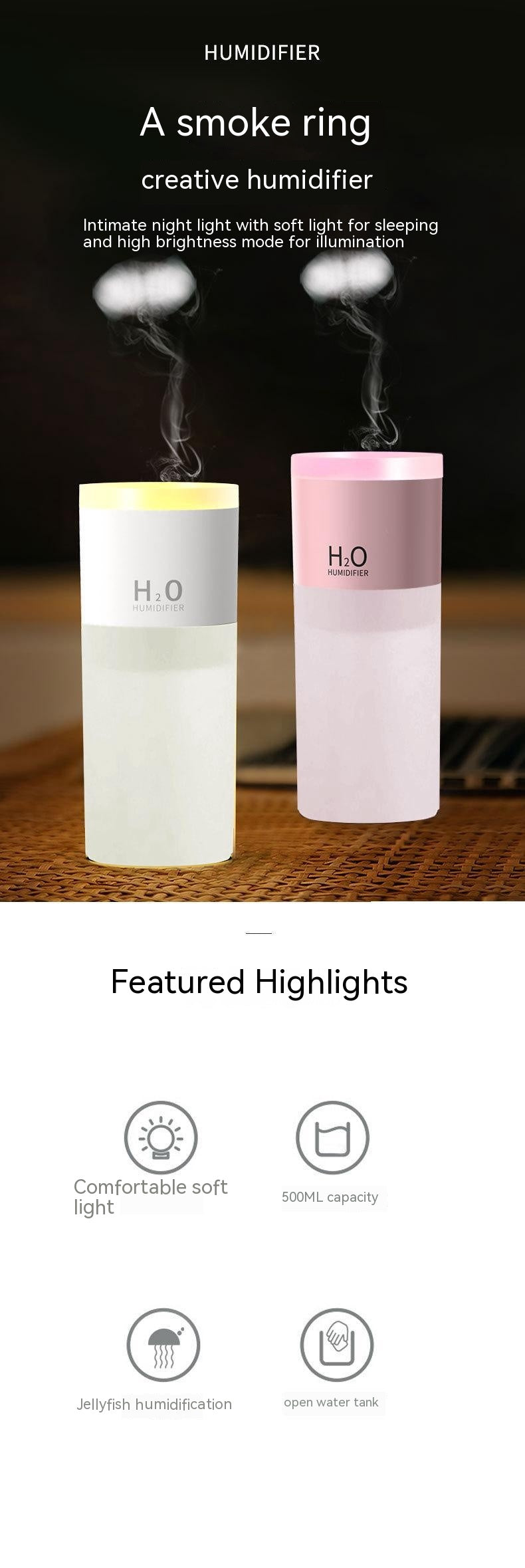 Indoor Air Humidifier Car Spit Circle Jellyfish Spray Bedroom Seven-color Night Light Creative Gift Aroma Diffuser - Gadgio