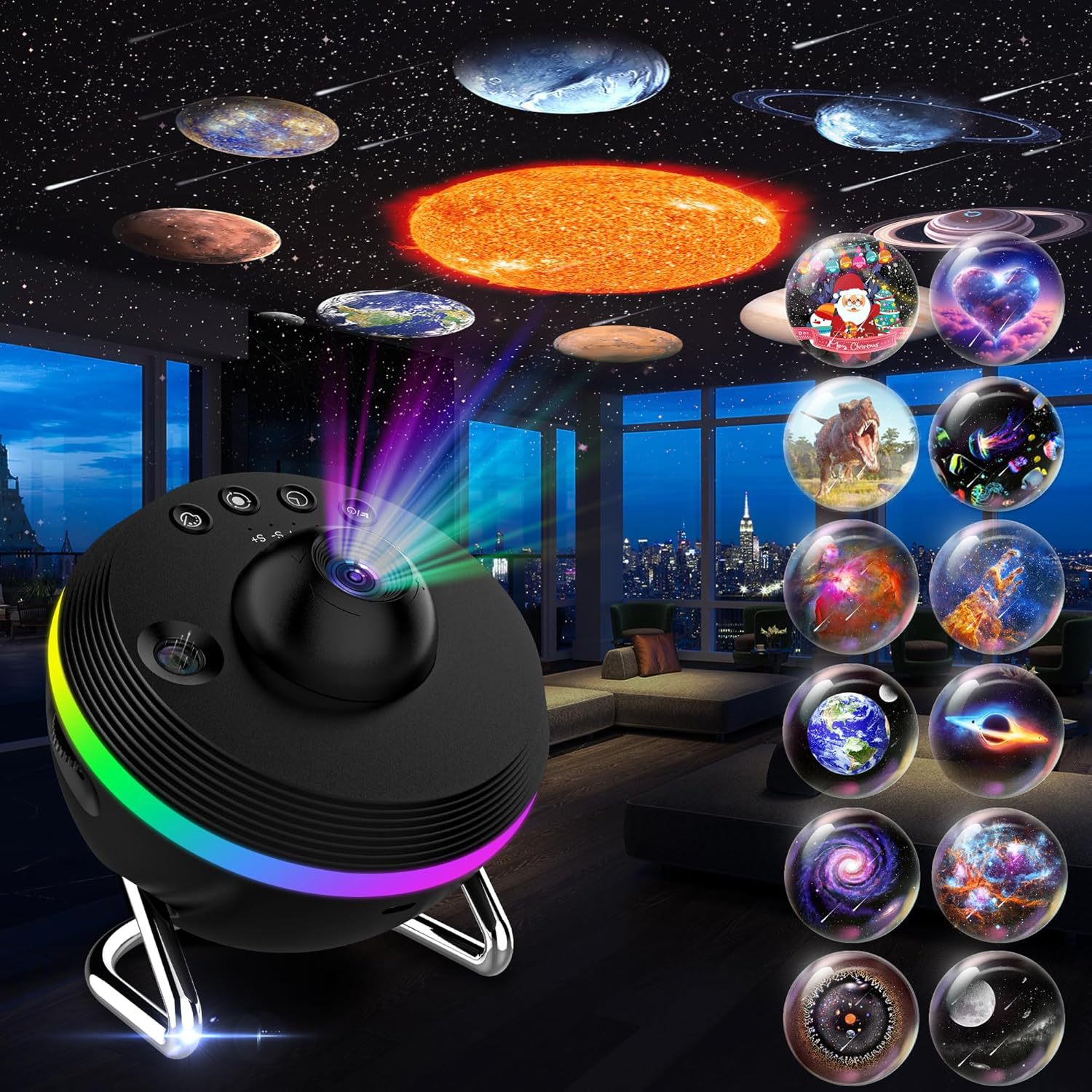 13-in-1 galaxy projector lamp displaying colorful rotating space ball with planetarium light effects on a dark background.