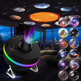 13-in-1 galaxy projector lamp displaying colorful rotating space ball with planetarium light effects on a dark background.