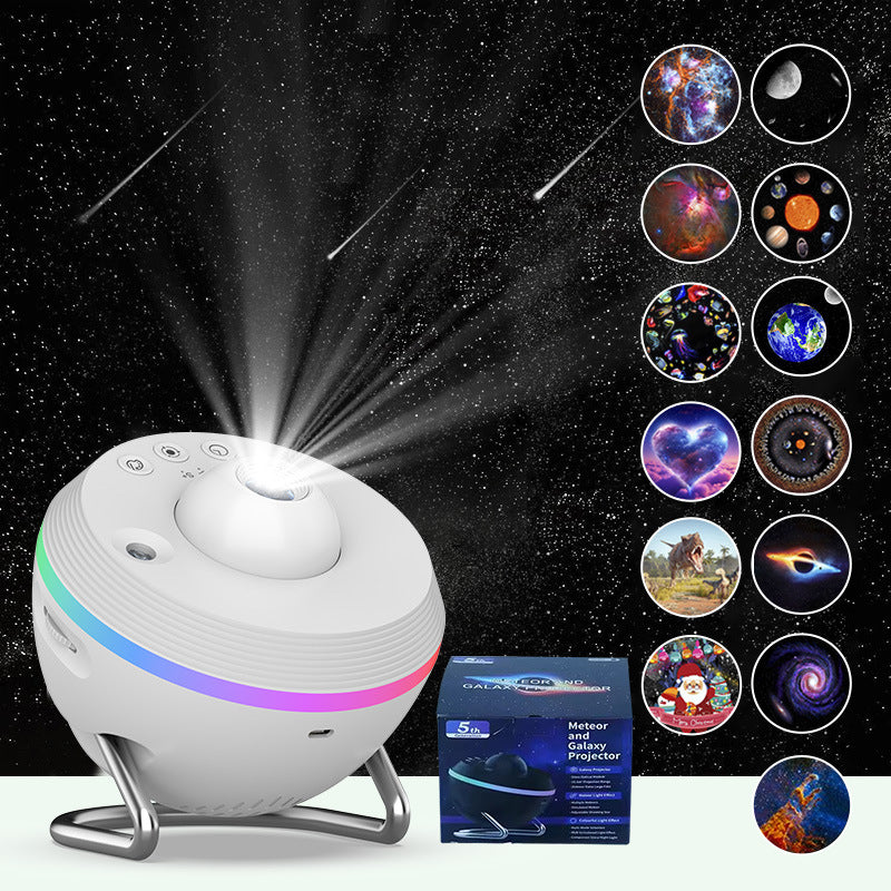 13-in-1 galaxy projector lamp displaying colorful rotating space scenes with planet and star images on a dark background