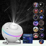 13-in-1 galaxy projector lamp displaying colorful rotating space scenes with planet and star images on a dark background