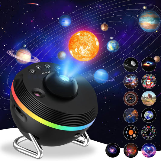 13-in-1 galaxy projector lamp displaying colorful rotating space planet images with starry light effects.