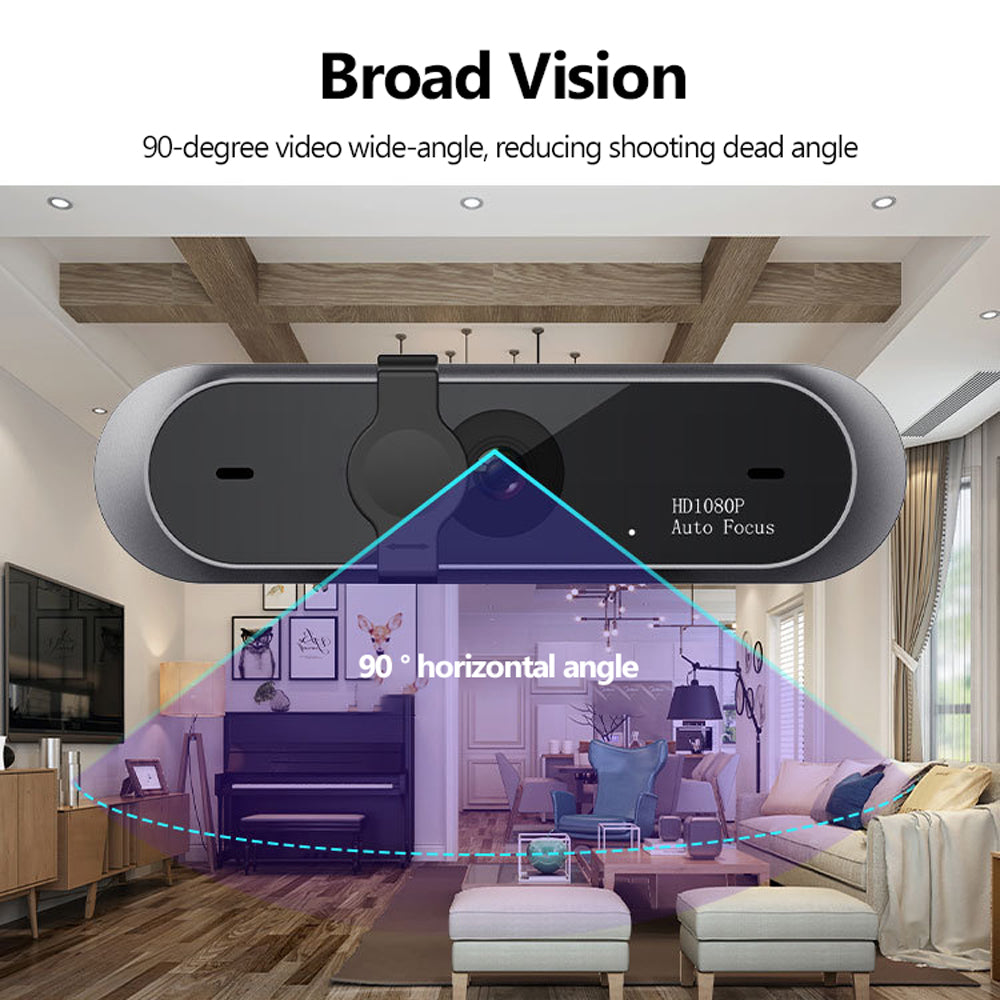 High-definition 1080P conference video webcam showing lens and built-in microphone for clear video calls.