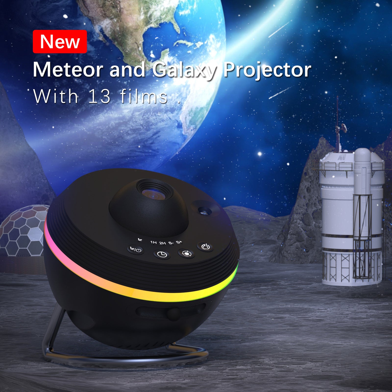 13-in-1 galaxy projector lamp displaying rotating space ball with colorful planetary lights and starry projections.