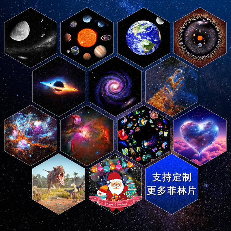 13-in-1 Galaxy Projector Lamp displaying colorful space scenes and rotating planetarium projections in a dark room environment.