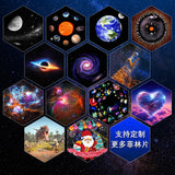 13-in-1 Galaxy Projector Lamp displaying colorful space scenes and rotating planetarium projections in a dark room environment.